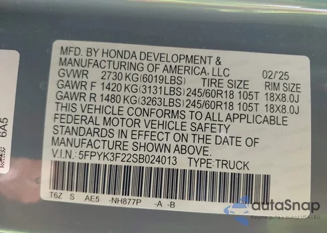 2025 Honda Ridgeline Sport+ from USA, damaged, VIN 5FPYK3F22SB024013